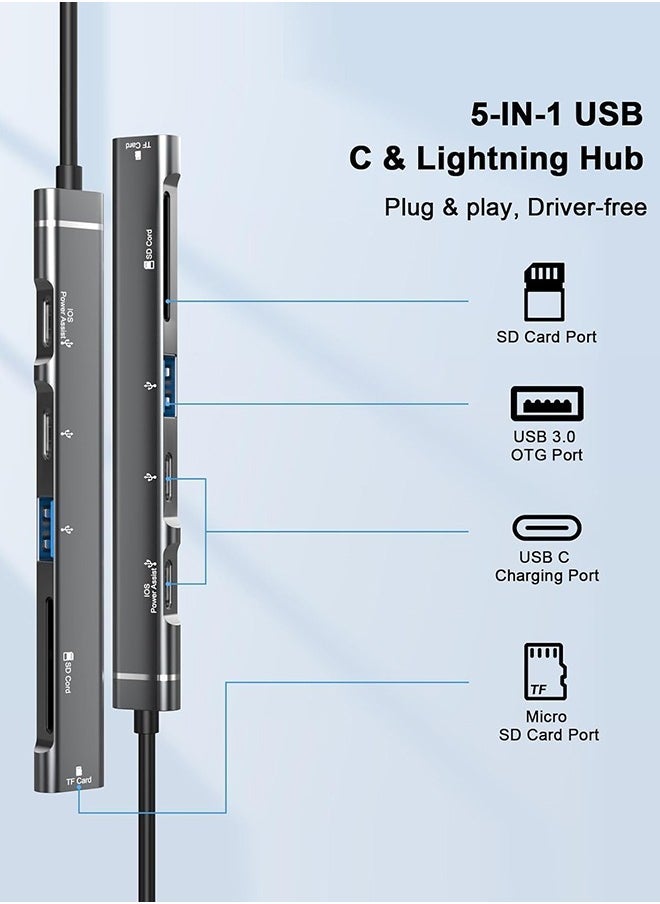 5 in 1 SD Card Reader Adapter, [MFi Certified] USB C & Lightning to Micro SD/SD Card Reader & USB OTG Adapter with USB C Fast Charging Port Compatible with iPhone 15/14/13/12/11/XS/XR/X/8/iPad
