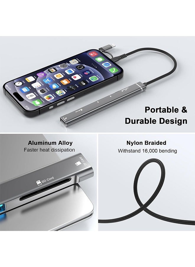 5 in 1 SD Card Reader Adapter, [MFi Certified] USB C & Lightning to Micro SD/SD Card Reader & USB OTG Adapter with USB C Fast Charging Port Compatible with iPhone 15/14/13/12/11/XS/XR/X/8/iPad
