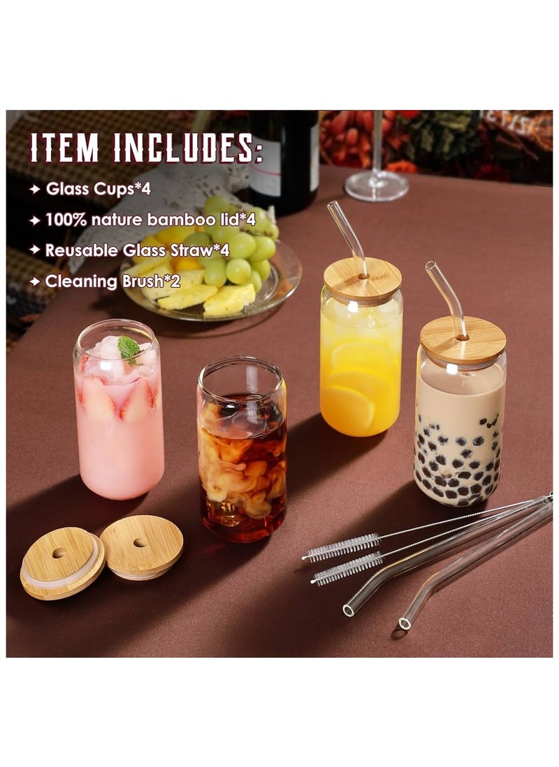 Generic Drinking Glasses with Bamboo Lids and Glass Straw 4pcs Set - 16oz Can Shaped Glass Cups, Mocktail Glasses, Iced Coffee Glasses, Cute Tumbler Cup, Ideal for Cocktail,Gift - 2 Cleaning Brushes  - Image 2