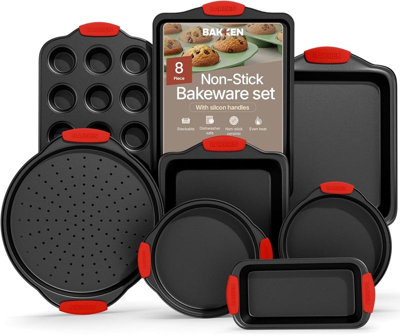 BAKKENMASTER Baking Set – 8 Piece Kitchen Oven Bakeware Set – Deluxe Non-Stick Black Coating Inside and Outside – Carbon Steel – Red Silicone Handles – PFOA PFOS and PTFE Free by Bakken - Image 1
