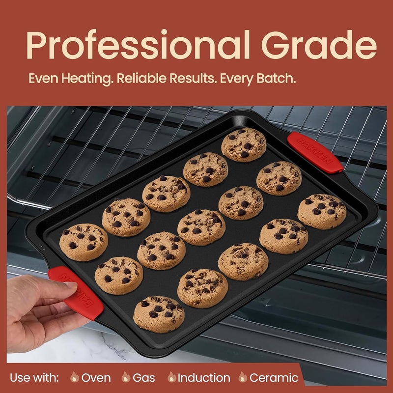 BAKKENMASTER Baking Set – 8 Piece Kitchen Oven Bakeware Set – Deluxe Non-Stick Black Coating Inside and Outside – Carbon Steel – Red Silicone Handles – PFOA PFOS and PTFE Free by Bakken - Image 3
