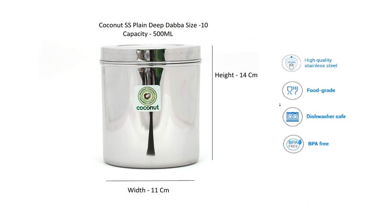 coconut Stainless Steel Storage Containers for Kitchen | Deep Dabba for Stroing Tea, Coffe and Pulses | Mutipurpose Canisters Ubha Dabba | Set of 1 | 1 Litre - Image 2