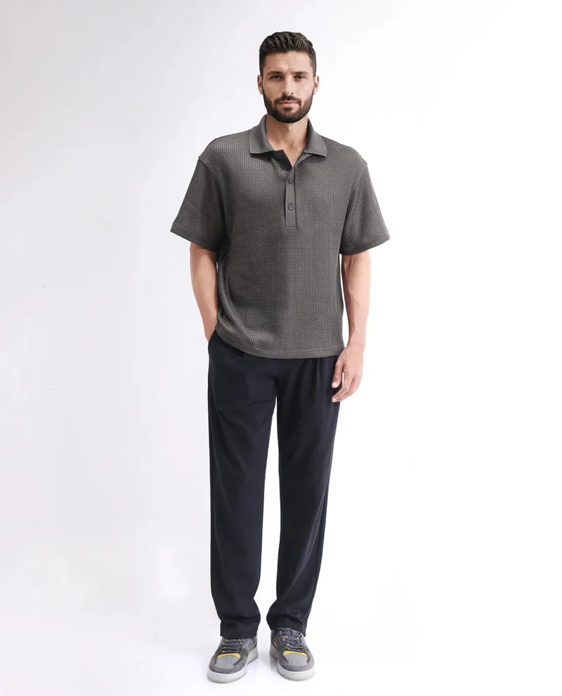 Rare Rabbit Rare Rabbit Men's Lbiza Dark Grey Cotton Fabric Short Sleeve Collared Neck Button Closure Knitted Shirt