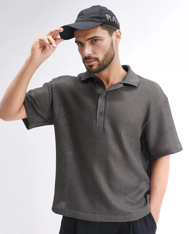 Rare Rabbit Rare Rabbit Men's Lbiza Dark Grey Cotton Fabric Short Sleeve Collared Neck Button Closure Knitted Shirt