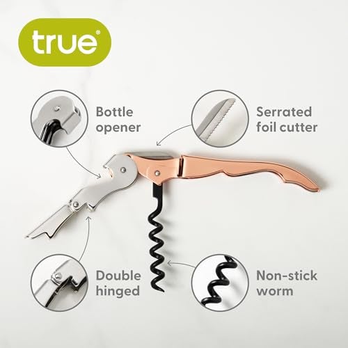 True Truetap Double Hinged Waiter's Corkscrew Wine Opener, Stainless Steel Wine Bottle Opener with Built In Foil Cutter, Home Bar Tools, Bar Cart Accessories, Wedding Gifts, Set of 1, Rose Gold - Image 2