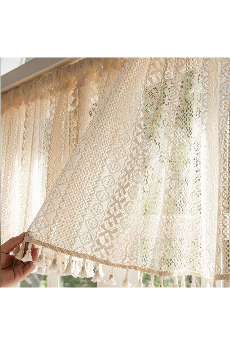 Fixed Pleat 150x60cm beige Beige Circular Patterned Hanging Tassel Short Curtain, Lace Short Curtain