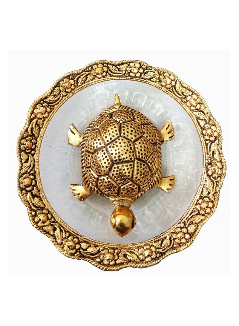 Trendy Metal Feng Shui Tortoise On Plate Showpiece Golden Diameter 5.5 Inch - Image 1