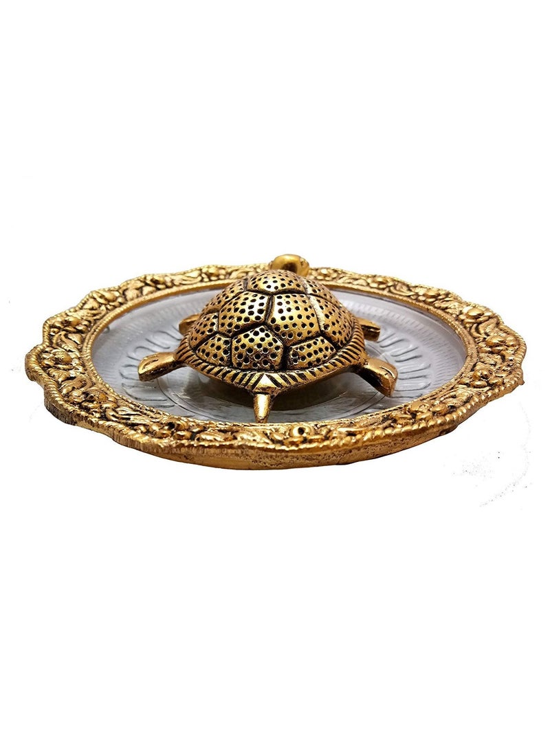 Trendy Metal Feng Shui Tortoise On Plate Showpiece Golden Diameter 5.5 Inch - Image 2