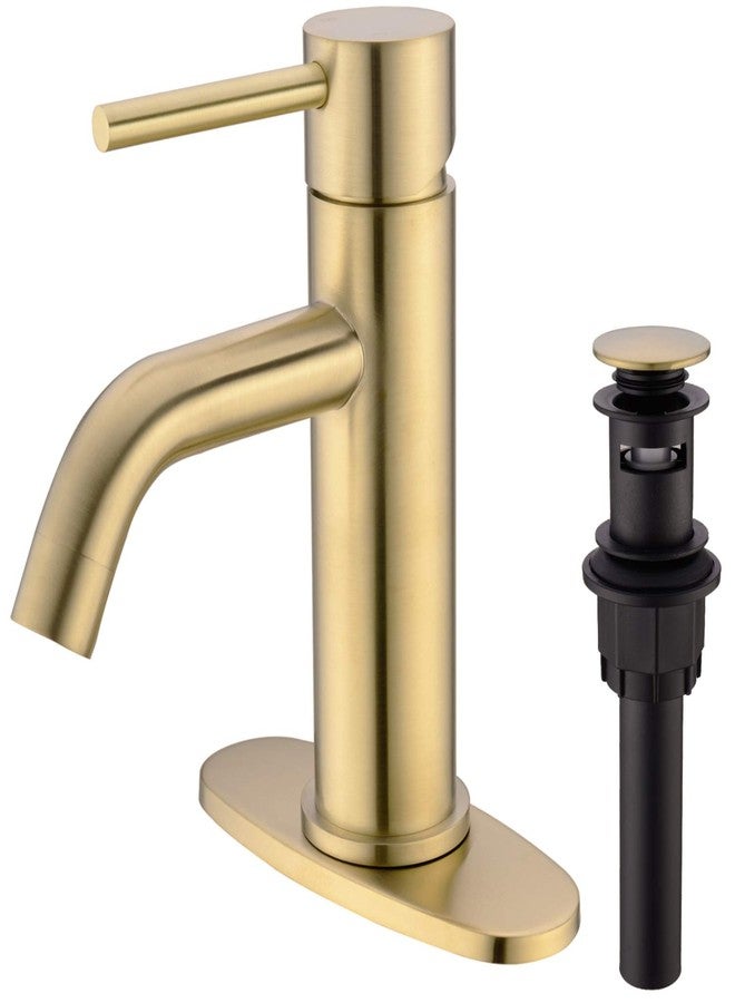 TRUSTMI Single Hole Brushed Gold Bathroom Faucet, Modern Brass Faucet for Bathroom Sink, 6" Deck Plate and Overflow Pop Up Drain Include - Image 1