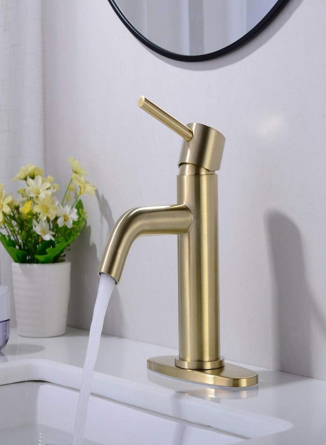 TRUSTMI Single Hole Brushed Gold Bathroom Faucet, Modern Brass Faucet for Bathroom Sink, 6" Deck Plate and Overflow Pop Up Drain Include - Image 3