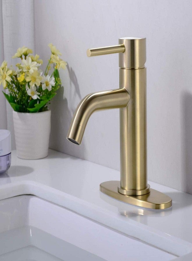 TRUSTMI Single Hole Brushed Gold Bathroom Faucet, Modern Brass Faucet for Bathroom Sink, 6" Deck Plate and Overflow Pop Up Drain Include - Image 2