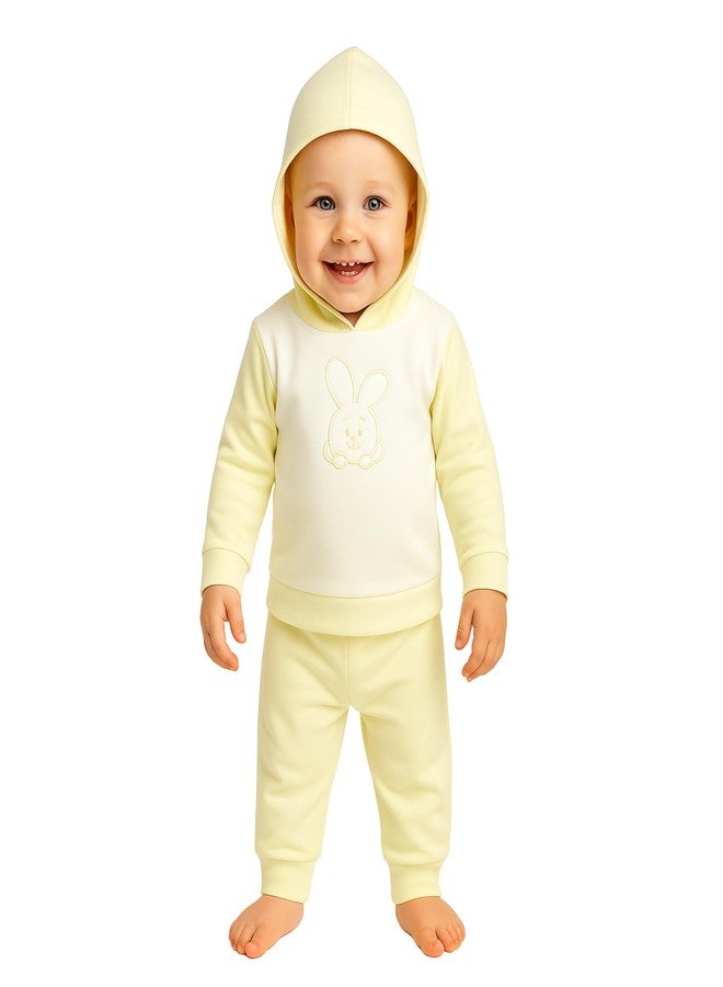 Coocuddle Organic Cotton Hoodie Joggers Set with Applique Work - Pastel Yellow - Soft, Cozy Kids Outfit with Bunny Design, Jogger Pants & Plush Slippers (12-18) - Image 1