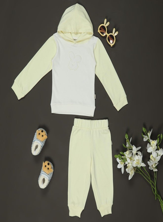 Coocuddle Organic Cotton Hoodie Joggers Set with Applique Work - Pastel Yellow - Soft, Cozy Kids Outfit with Bunny Design, Jogger Pants & Plush Slippers (12-18) - Image 3