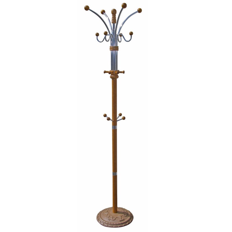 ORE International Six Foot Wood and Chrome Coat Rack Oak Finish