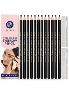 Stylia Stylia Eyebrow Pencil Black, Waterproof Eye Brow Pencils for Women Black, Microblading Eyebrow Pencil, Black Eyeliner Pencil, Brow Pencil Set (12PC Black)  - Image 1