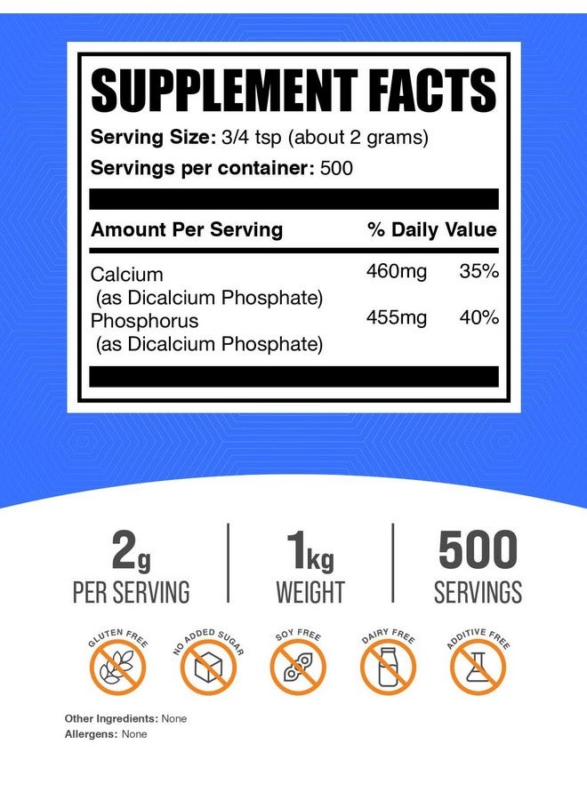 BulkSupplements مسحوق فوسفات الكالسيوم الثنائي من BulkSupplements.com - مكملات الفوسفور - مكملات الكالسيوم للكلاب - فوسفات الكالسيوم (1 كيلوغرام - 2.2 رطل) - Image 2