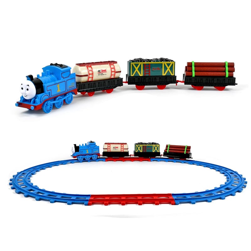 VikriDa 14 PCS Battery Operated Tomas Toy Train Track Set with Sound and Flashing Lights Train with Coal Wagon, Wood, Oil Tanker - Image 1
