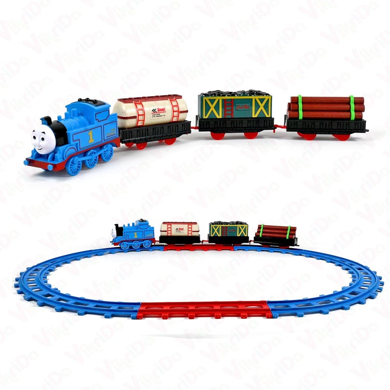 VikriDa 14 PCS Battery Operated Tomas Toy Train Track Set with Sound and Flashing Lights Train with Coal Wagon, Wood, Oil Tanker - Image 2