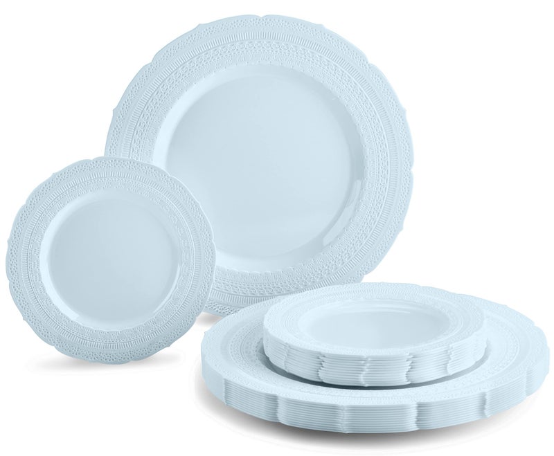 OCCASIONS  50 Plates Pack 25 GuestsExtra Heavyweight Vintage Wedding DisposableReusable Plastic Plates 25x11 Dinner  25x825 Saladdessert Chateau Collection Blue