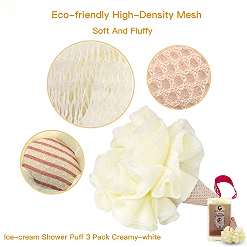 CROVIN Ice Cream Bath Sponge Pouf (Set of 3)-Creamy White Soft Mesh Puff Exfoliating Shower Sponge Ball Body Scrubber for Adults, Children - Image 4