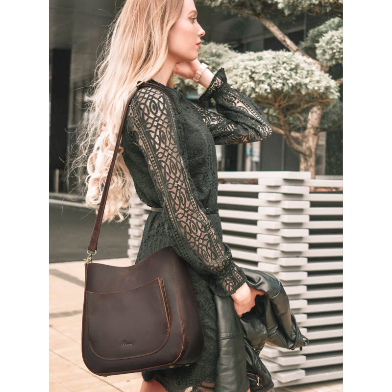 S-ZONE Women Genuine Leather Hobo Bag Crossbody Bucket Purse Vintage Shoulder Handbag with Woven Strap - Image 2
