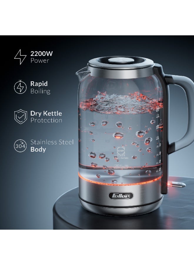 Feller Germany EK730 Electric Kettle, 1.7L German Schott Glass, 2200W Fast Boil, Strix Control, BPA Free (Stainless Steel) - Image 2