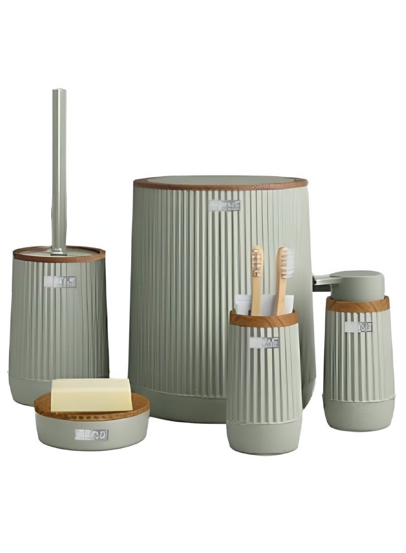 اوكانيوس  مجموعة إكسسوارات الحمام البلاستيكية المكونة من 5 قطع برأس خشبي تتضمن فرشاة المرحاض وموزع الصابون السائل وسلة المهملات وحامل فرشاة الأسنان ومعجون الأسنان وطبق الصابون ومجموعة منظم الحمام المتين باللون الأخضر النعناعي - Image 1