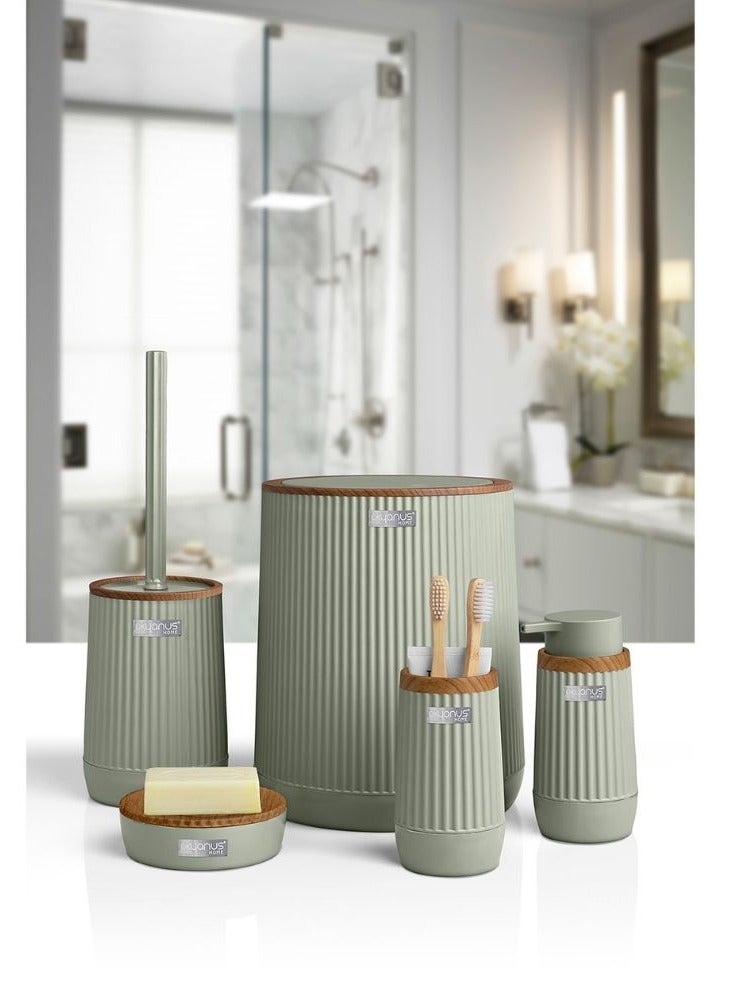 اوكانيوس  مجموعة إكسسوارات الحمام البلاستيكية المكونة من 5 قطع برأس خشبي تتضمن فرشاة المرحاض وموزع الصابون السائل وسلة المهملات وحامل فرشاة الأسنان ومعجون الأسنان وطبق الصابون ومجموعة منظم الحمام المتين باللون الأخضر النعناعي - Image 2