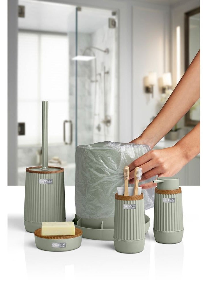 اوكانيوس  مجموعة إكسسوارات الحمام البلاستيكية المكونة من 5 قطع برأس خشبي تتضمن فرشاة المرحاض وموزع الصابون السائل وسلة المهملات وحامل فرشاة الأسنان ومعجون الأسنان وطبق الصابون ومجموعة منظم الحمام المتين باللون الأخضر النعناعي - Image 3