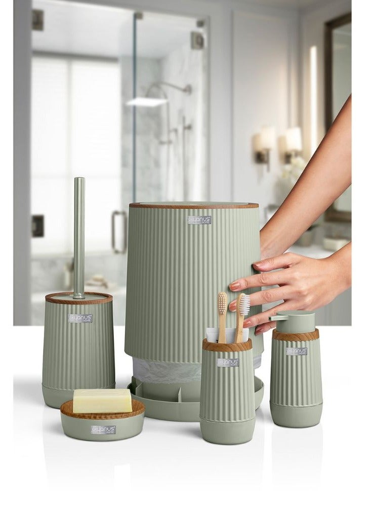 اوكانيوس  مجموعة إكسسوارات الحمام البلاستيكية المكونة من 5 قطع برأس خشبي تتضمن فرشاة المرحاض وموزع الصابون السائل وسلة المهملات وحامل فرشاة الأسنان ومعجون الأسنان وطبق الصابون ومجموعة منظم الحمام المتين باللون الأخضر النعناعي - Image 4
