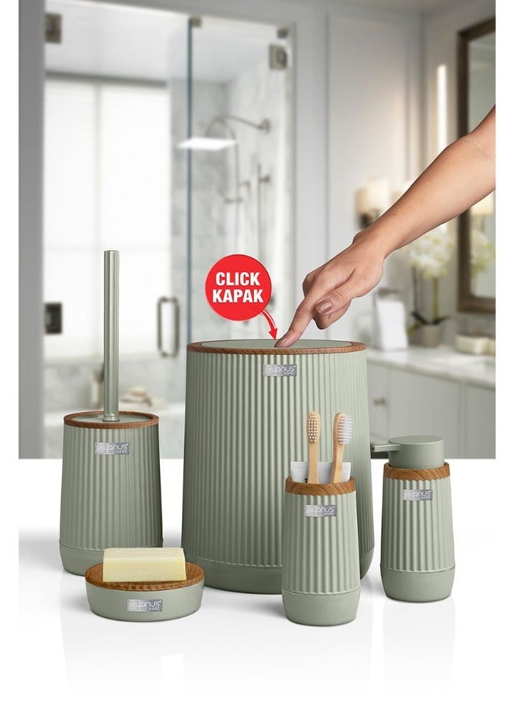 اوكانيوس  مجموعة إكسسوارات الحمام البلاستيكية المكونة من 5 قطع برأس خشبي تتضمن فرشاة المرحاض وموزع الصابون السائل وسلة المهملات وحامل فرشاة الأسنان ومعجون الأسنان وطبق الصابون ومجموعة منظم الحمام المتين باللون الأخضر النعناعي - Image 5