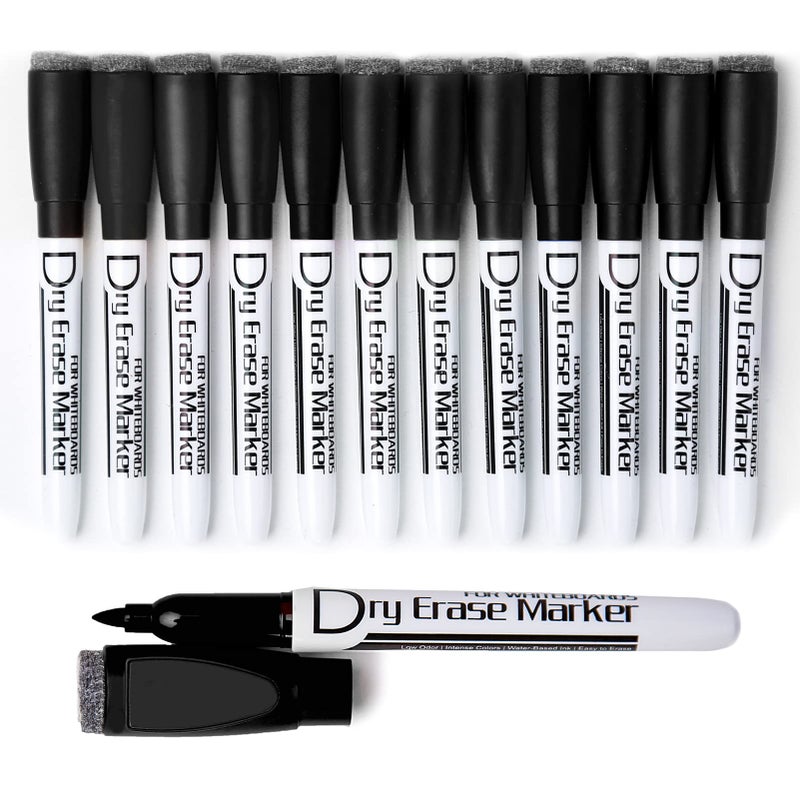 Volcanics Magnetic Dry Erase Markers With Eraser Low Odor Fine Tip Whiteboard Pens Pack of 12, Black - Image 1