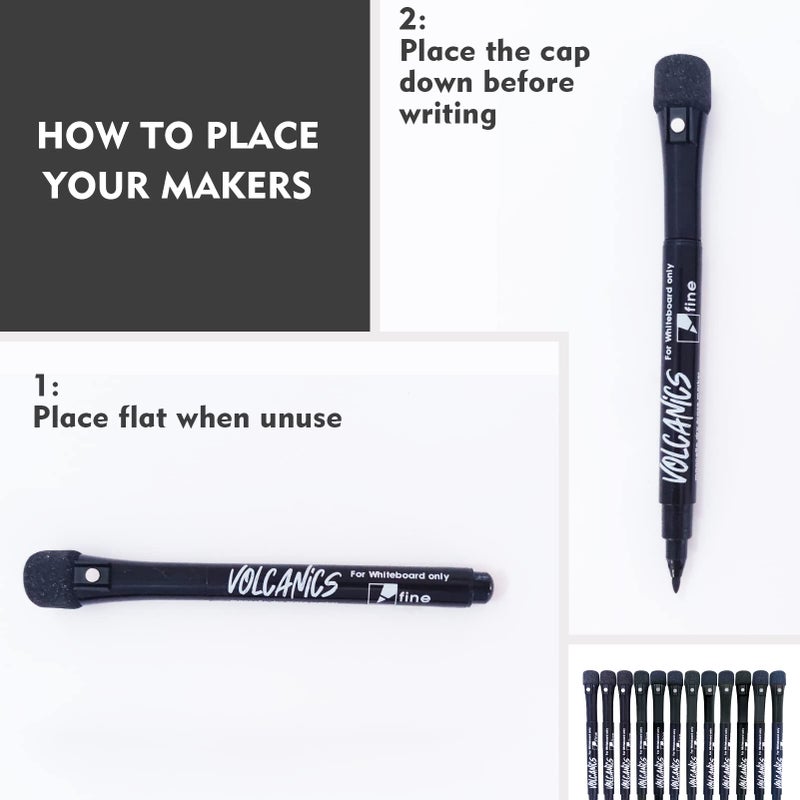 Volcanics Magnetic Dry Erase Markers With Eraser Low Odor Fine Tip Whiteboard Pens Pack of 12, Black - Image 4
