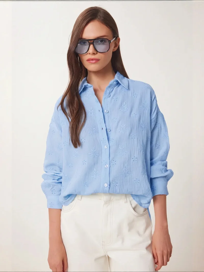 هابينس اسطنبول ISTANBUL Textured Embroidered Long Sleeve Shirt with Button Closure
