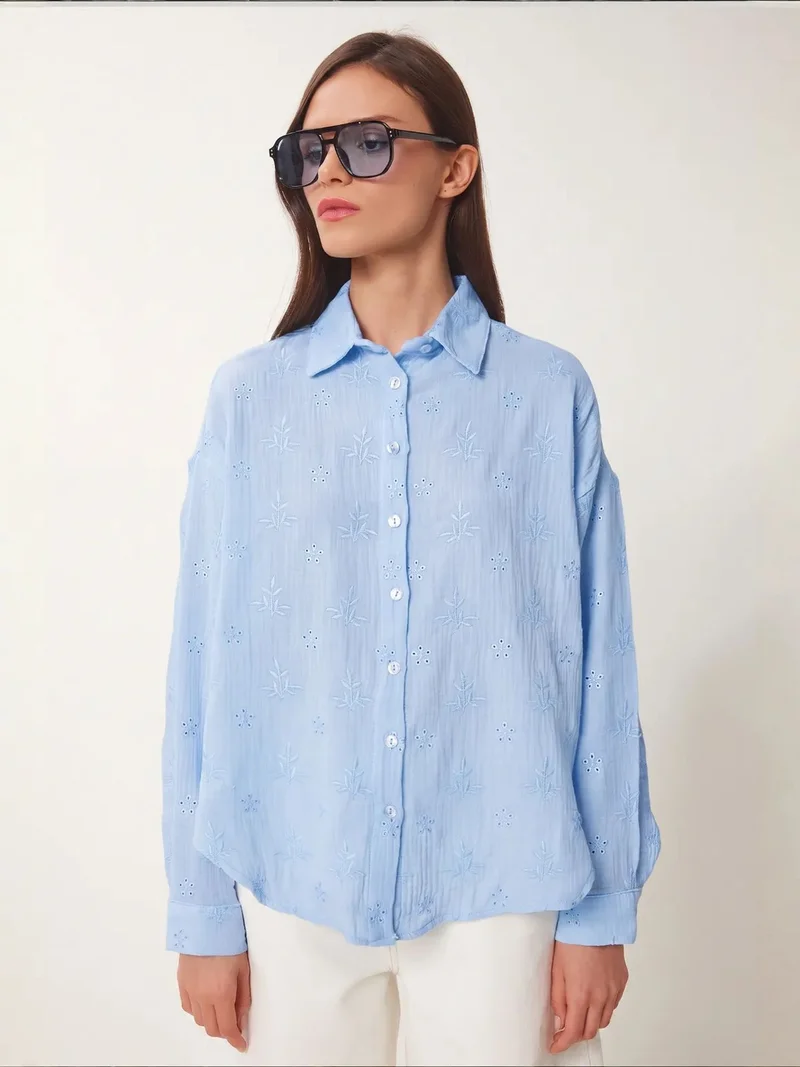 هابينس اسطنبول ISTANBUL Textured Embroidered Long Sleeve Shirt with Button Closure