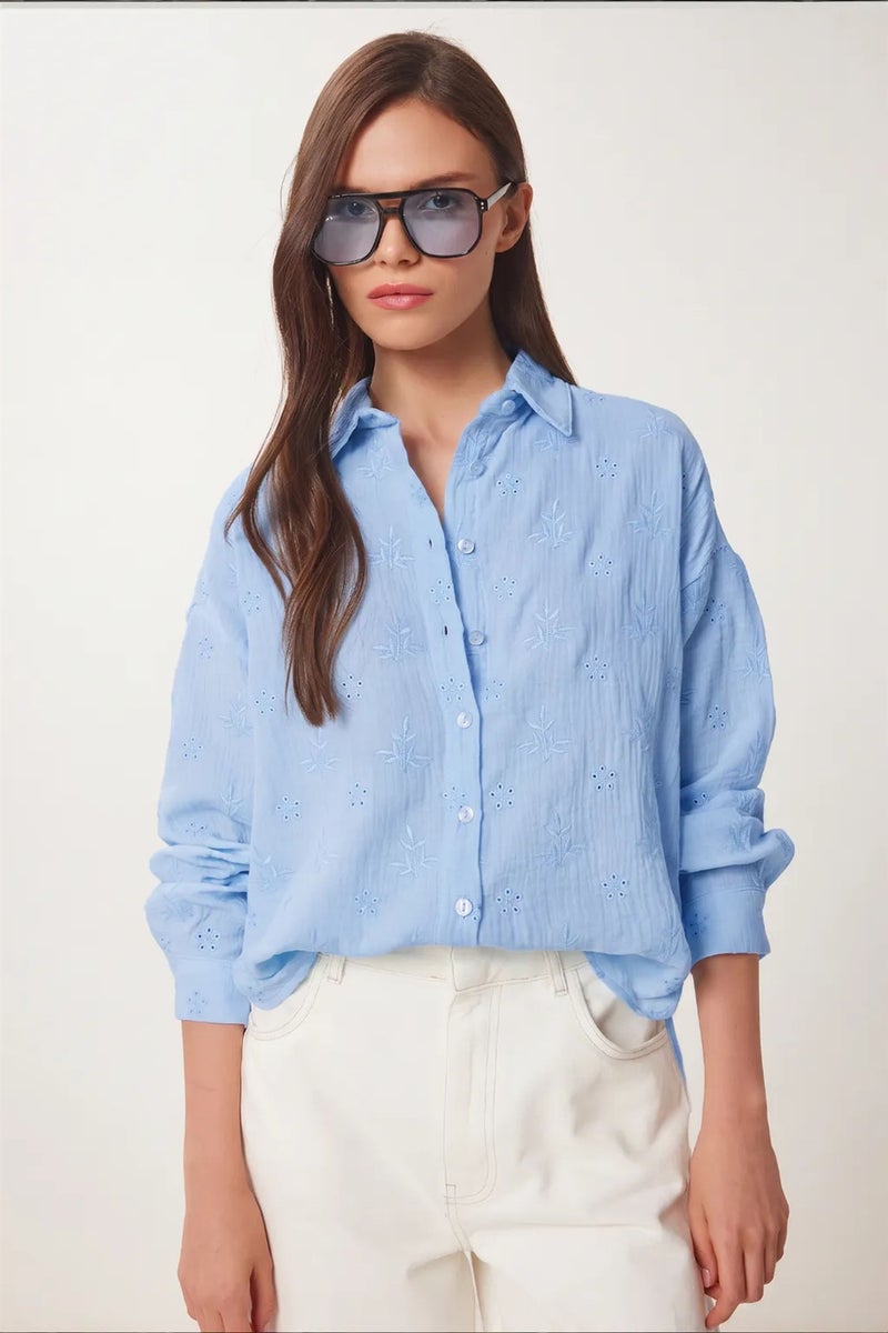 Happiness İstanbul ISTANBUL Textured Embroidered Long Sleeve Shirt with Button Closure - Image 1