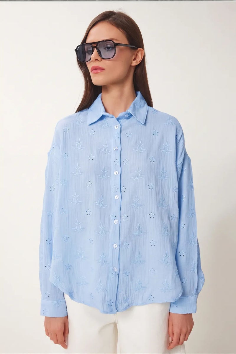 Happiness İstanbul ISTANBUL Textured Embroidered Long Sleeve Shirt with Button Closure - Image 2
