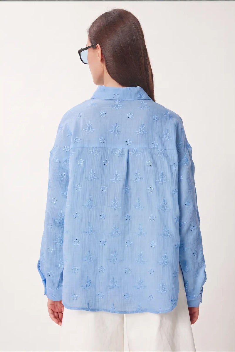 Happiness İstanbul ISTANBUL Textured Embroidered Long Sleeve Shirt with Button Closure - Image 3