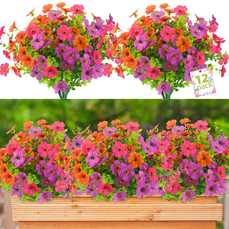 ATTGREAT 12 Bundles Artificial Flowers Outdoors, UV Resistant Artificial Outdoor Plants, Faux Daisy Eucalyptus Flowers Fake Plants Outdoor Garden Porch, Spring Silk Flowers Decor, Mix - Image 1
