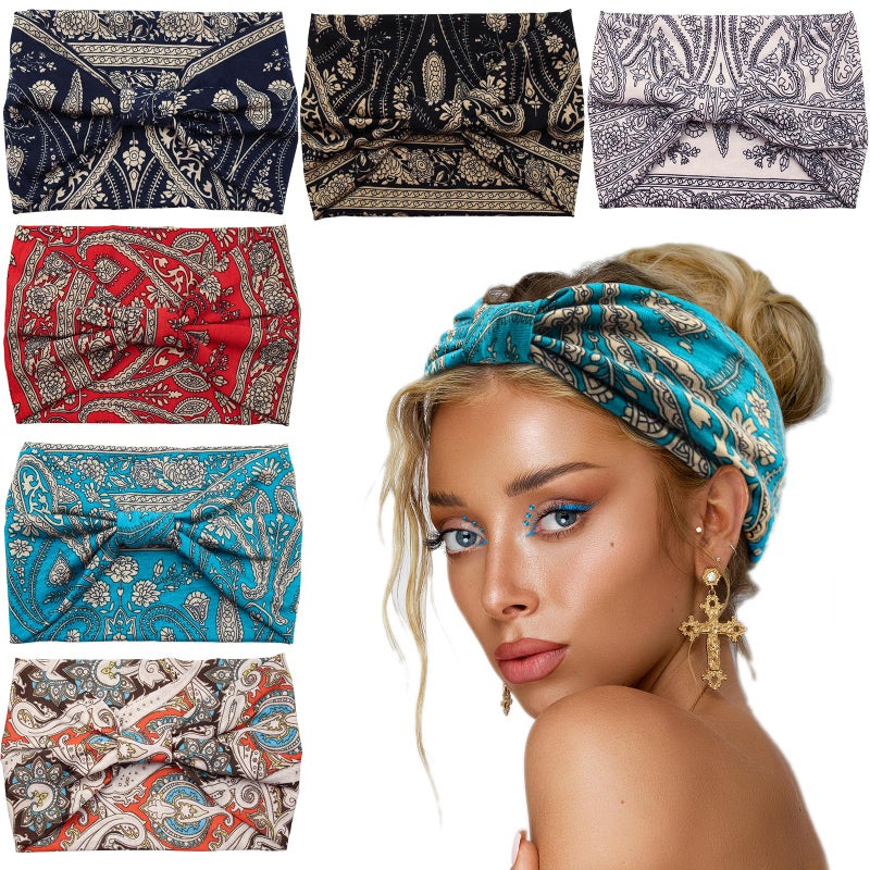 Yeshan Wide Headbands for Women Boho Knotted Head Wraps Turbans Non Slip Bandana Headbands Sport Yoga Workout Stretchy Hair bands,Pack of 6 - Image 1