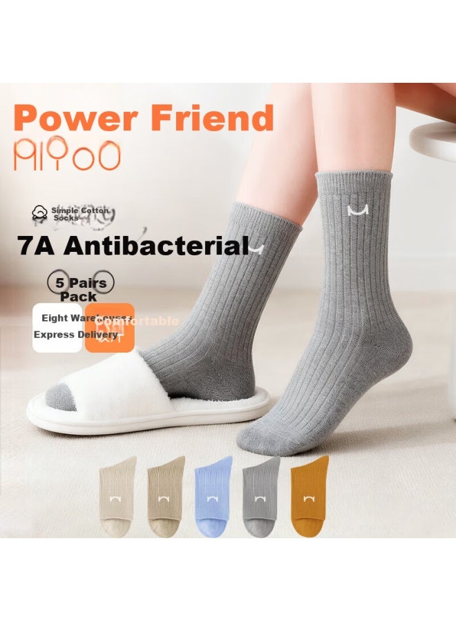 Miyou Women's Socks, Cotton Socks, 7a Antibacterial Spring And Summer Mid-calf Socks, Casual Socks, 5 Pairs - Image 1