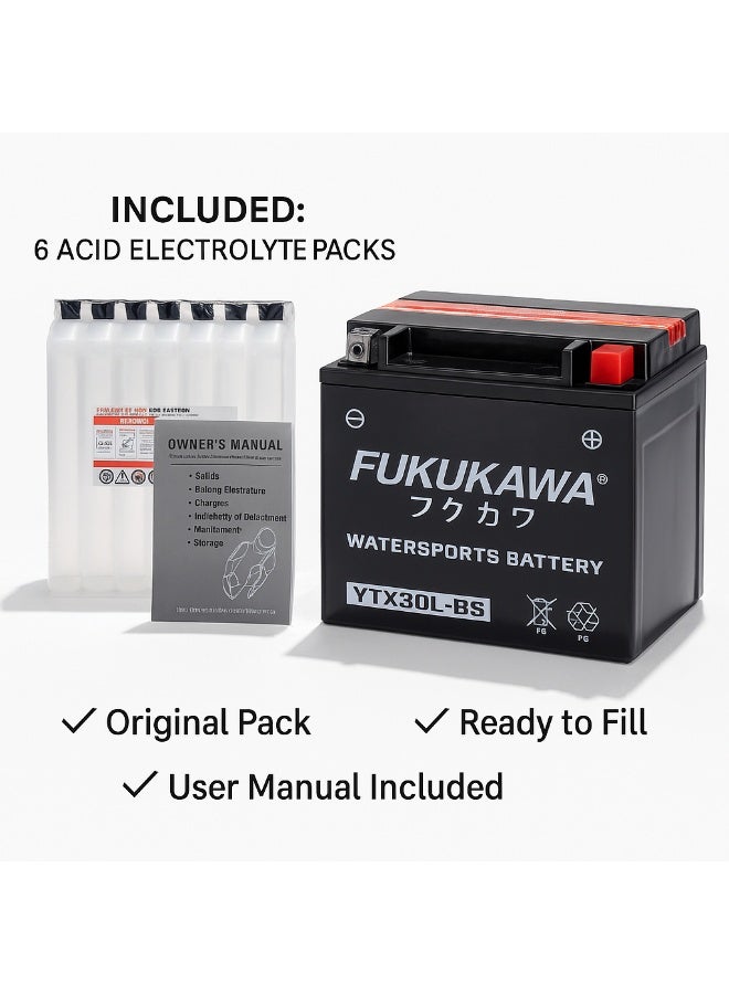 FUKUKAWA YTX30L-BS 12V 30Ah Conventional Watersports Battery With 6 Electrolyte Packs High Performance Lead Acid Marine Battery For Jet Ski Boat UTV ATV Snowmobile - Image 3