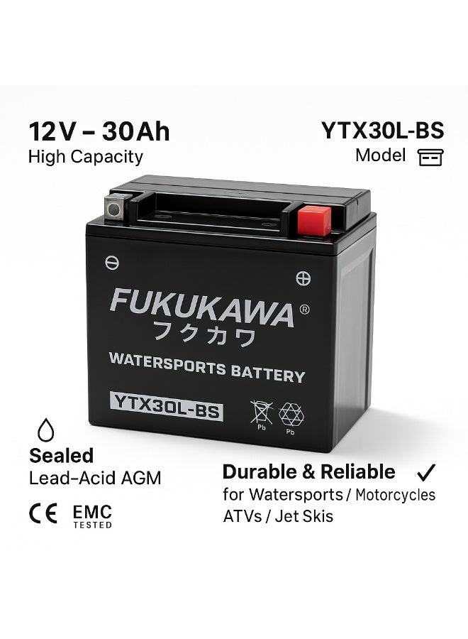 FUKUKAWA YTX30L-BS 12V 30Ah Conventional Watersports Battery With 6 Electrolyte Packs High Performance Lead Acid Marine Battery For Jet Ski Boat UTV ATV Snowmobile - Image 4