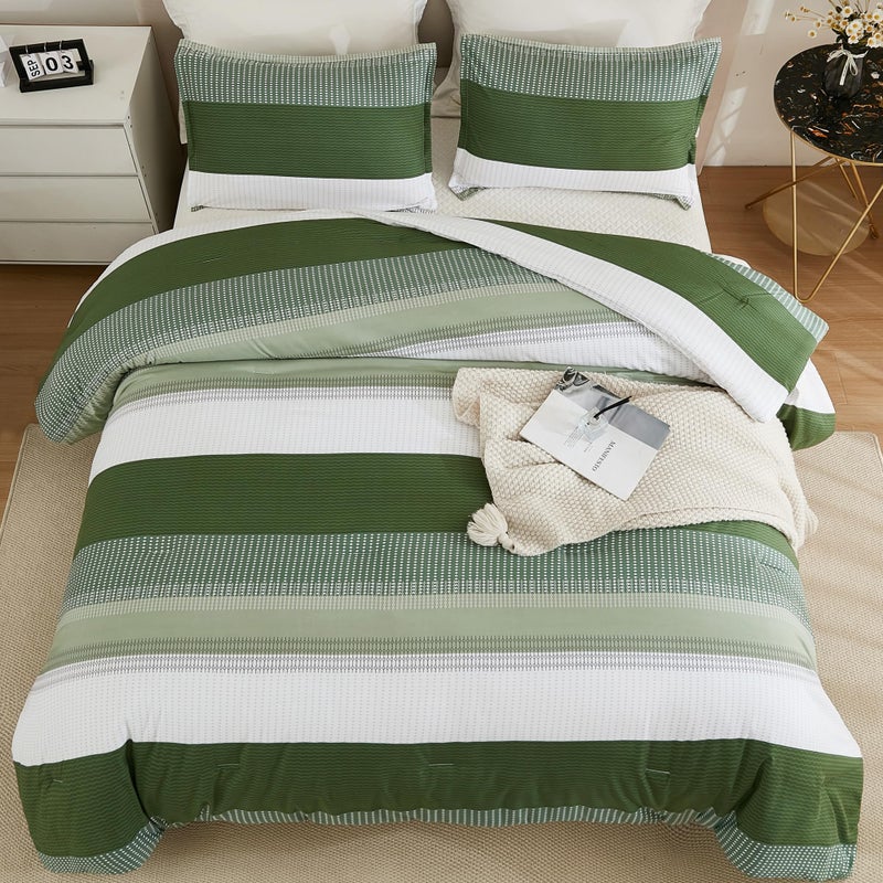 Litanika Olive Green Comforter Set Full - 3 Pieces Lightweight Olive Green White Colorblock Stripe Fluffy Bedding Comforter Sets  All Season Bed Set - Image 2