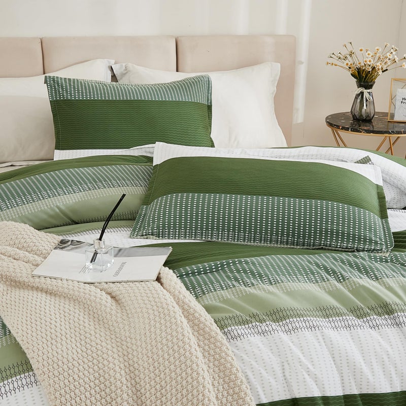 Litanika Olive Green Comforter Set Full - 3 Pieces Lightweight Olive Green White Colorblock Stripe Fluffy Bedding Comforter Sets  All Season Bed Set - Image 5