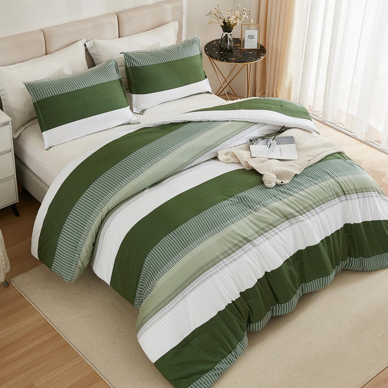 Litanika Olive Green Comforter Set Full - 3 Pieces Lightweight Olive Green White Colorblock Stripe Fluffy Bedding Comforter Sets  All Season Bed Set - Image 3