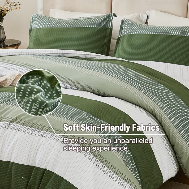 Litanika Olive Green Comforter Set Full - 3 Pieces Lightweight Olive Green White Colorblock Stripe Fluffy Bedding Comforter Sets  All Season Bed Set - Image 4