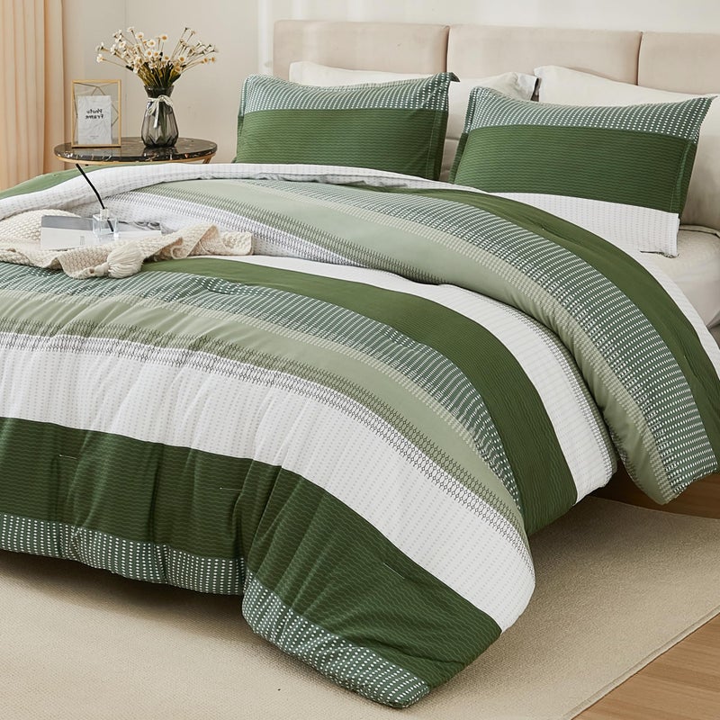 Litanika Olive Green Comforter Set Full - 3 Pieces Lightweight Olive Green White Colorblock Stripe Fluffy Bedding Comforter Sets  All Season Bed Set - Image 1