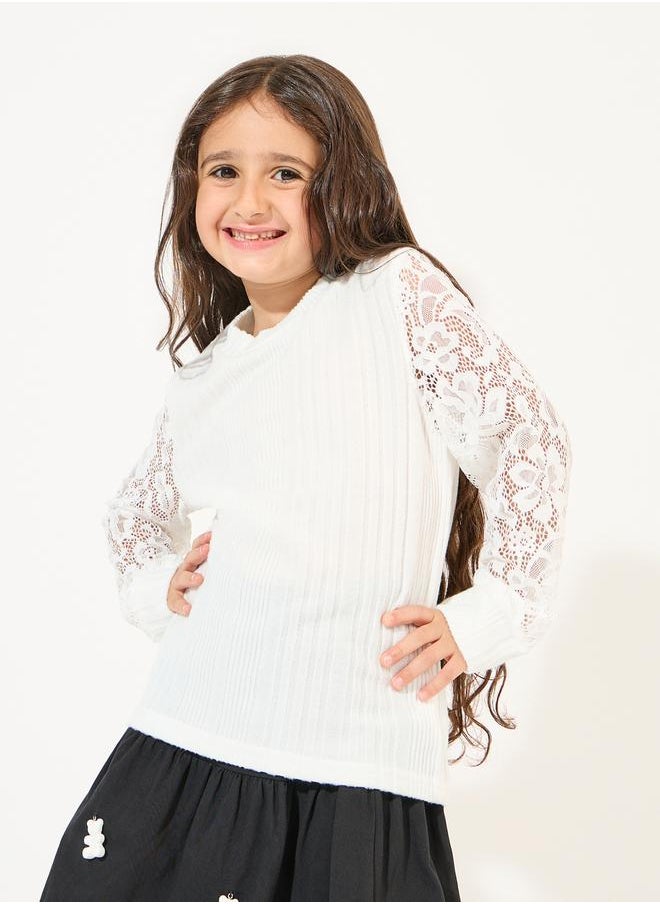 Styli - Lace Insert Sleeve Rib Knit Top - Image 1
