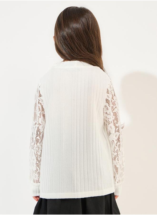 Styli - Lace Insert Sleeve Rib Knit Top - Image 1